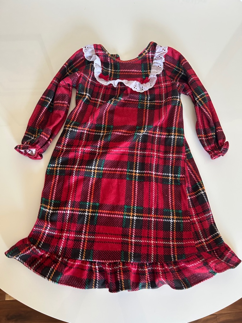 Red Plaid Long Sleeve Ruffle Dress with Eyelet Yoke